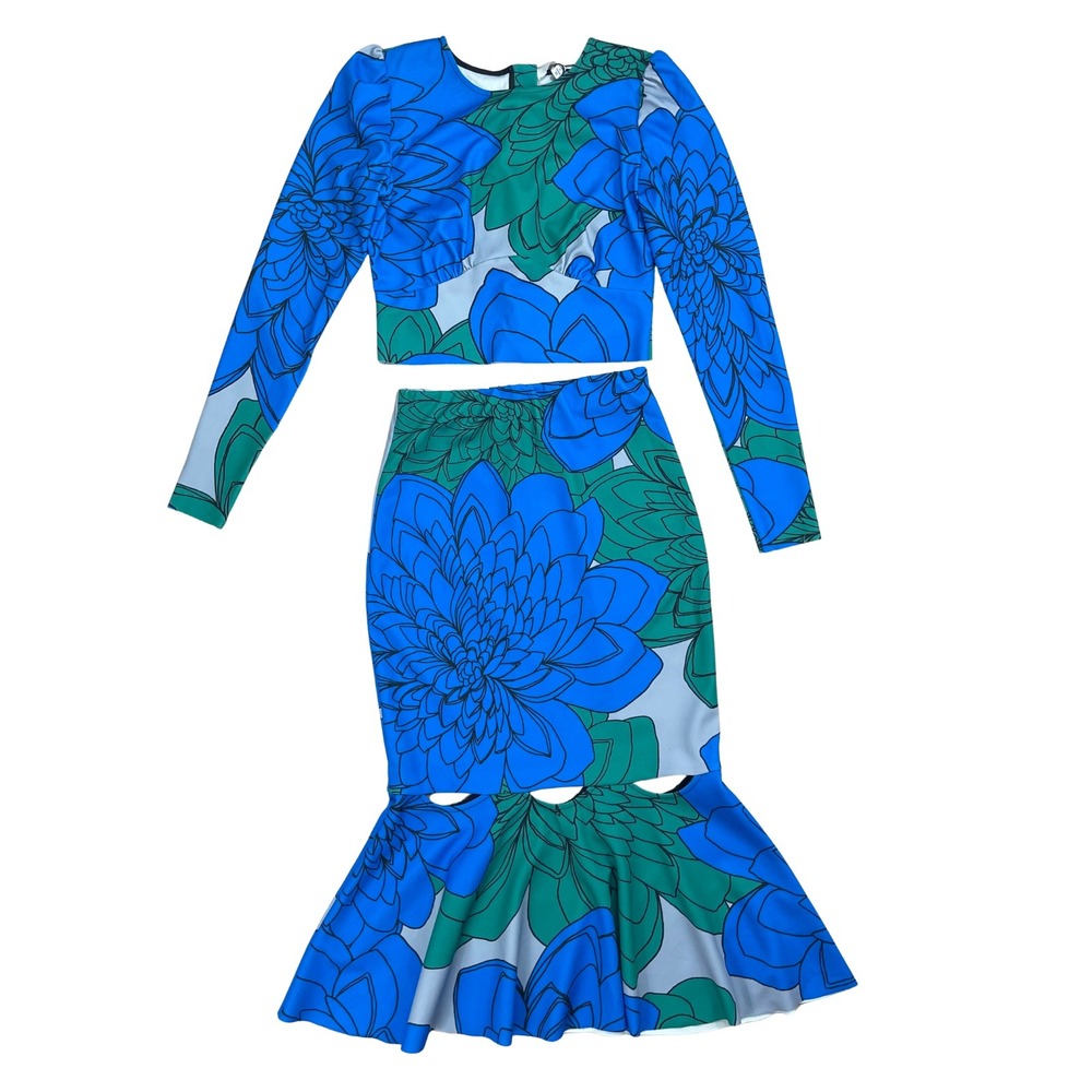 Tracy Reese Floral 2 Piece Set Womens XS Crop Top Mermaid Skirt Artsy Maximalist